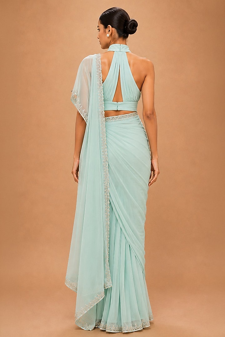 Aqua Mint Viscose Crepe & Organza Satin Crystal Embellished Pre-Stitched Reception Saree Set by THE MOLA at Pernia's Pop Up Shop
