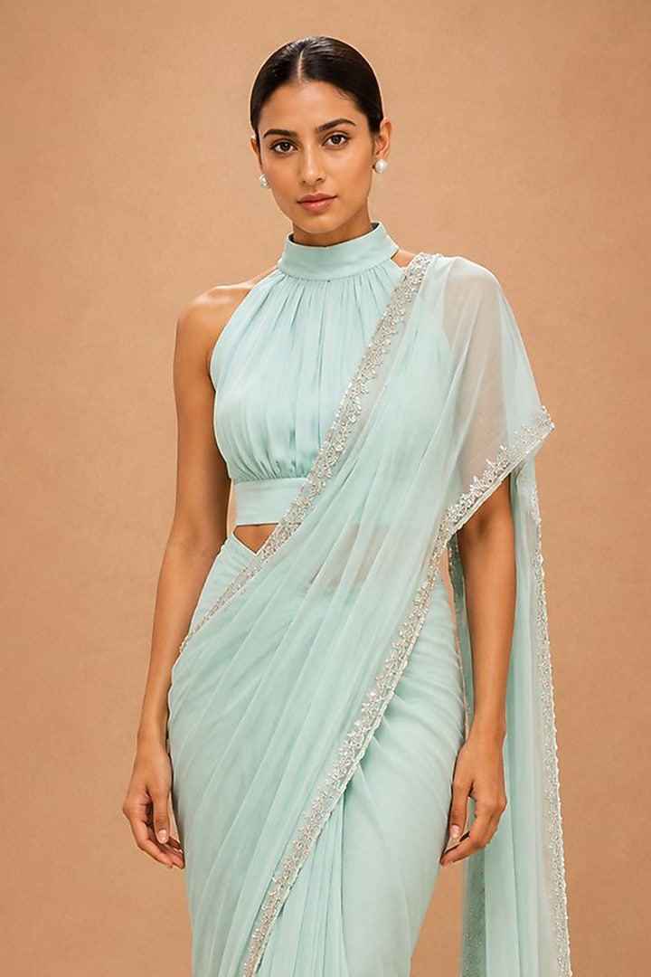 Aqua Mint Viscose Crepe & Organza Satin Crystal Embellished Pre-Stitched Reception Saree Set by THE MOLA at Pernia's Pop Up Shop