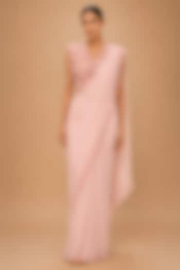 Peach Viscose Crepe & Satin Aari & Zardosi Embroidered Pre-Draped Reception Saree Set by THE MOLA at Pernia's Pop Up Shop