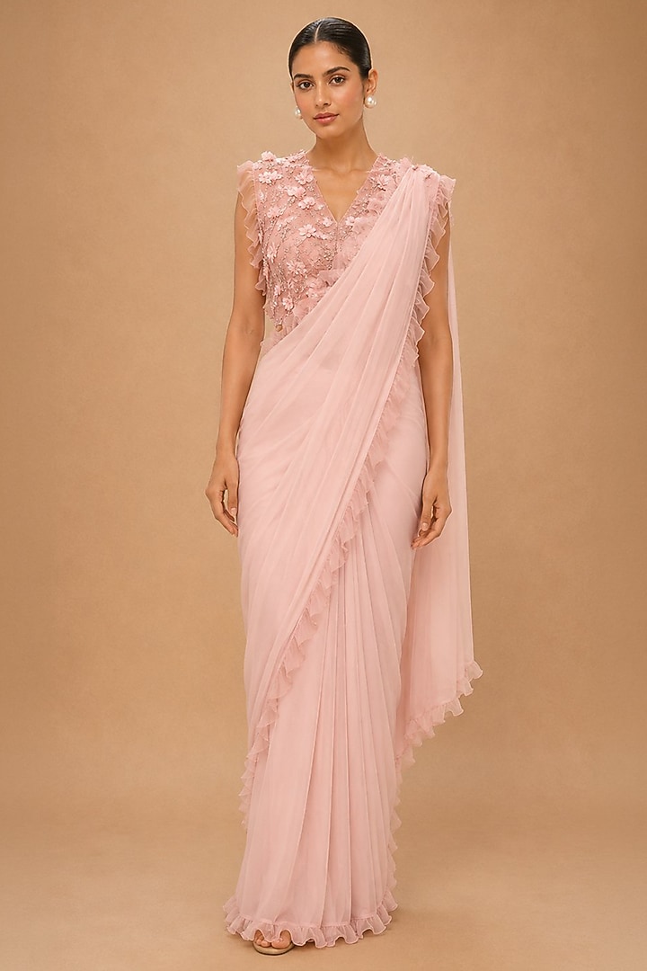 Peach Viscose Crepe & Satin Aari & Zardosi Embroidered Pre-Draped Reception Saree Set by THE MOLA at Pernia's Pop Up Shop
