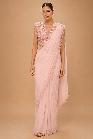 Peach Viscose Crepe & Satin Aari & Zardosi Embroidered Pre-Draped Saree Set by THE MOLA