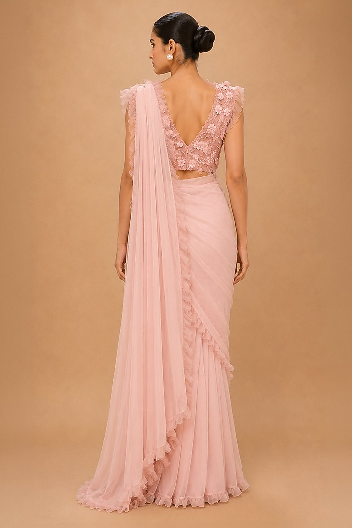 Peach Viscose Crepe & Satin Aari & Zardosi Embroidered Pre-Draped Reception Saree Set by THE MOLA at Pernia's Pop Up Shop
