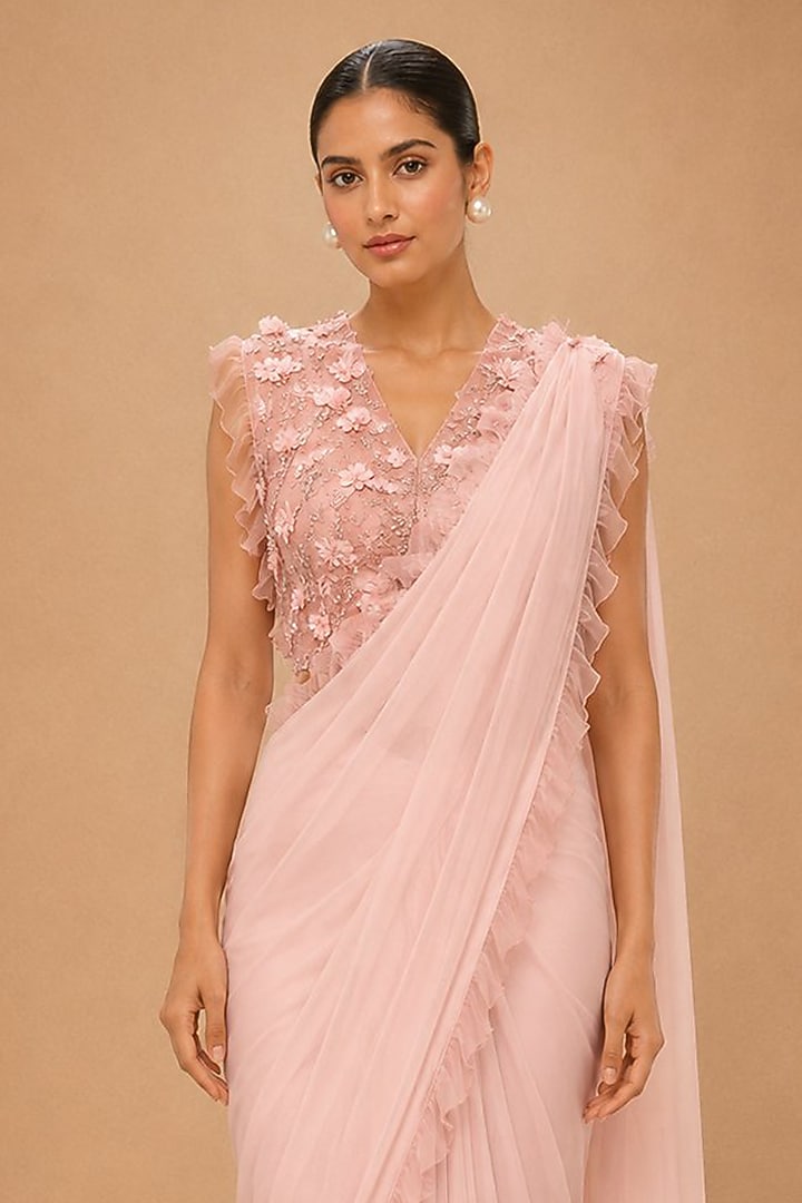 Peach Viscose Crepe & Satin Aari & Zardosi Embroidered Pre-Draped Reception Saree Set by THE MOLA at Pernia's Pop Up Shop
