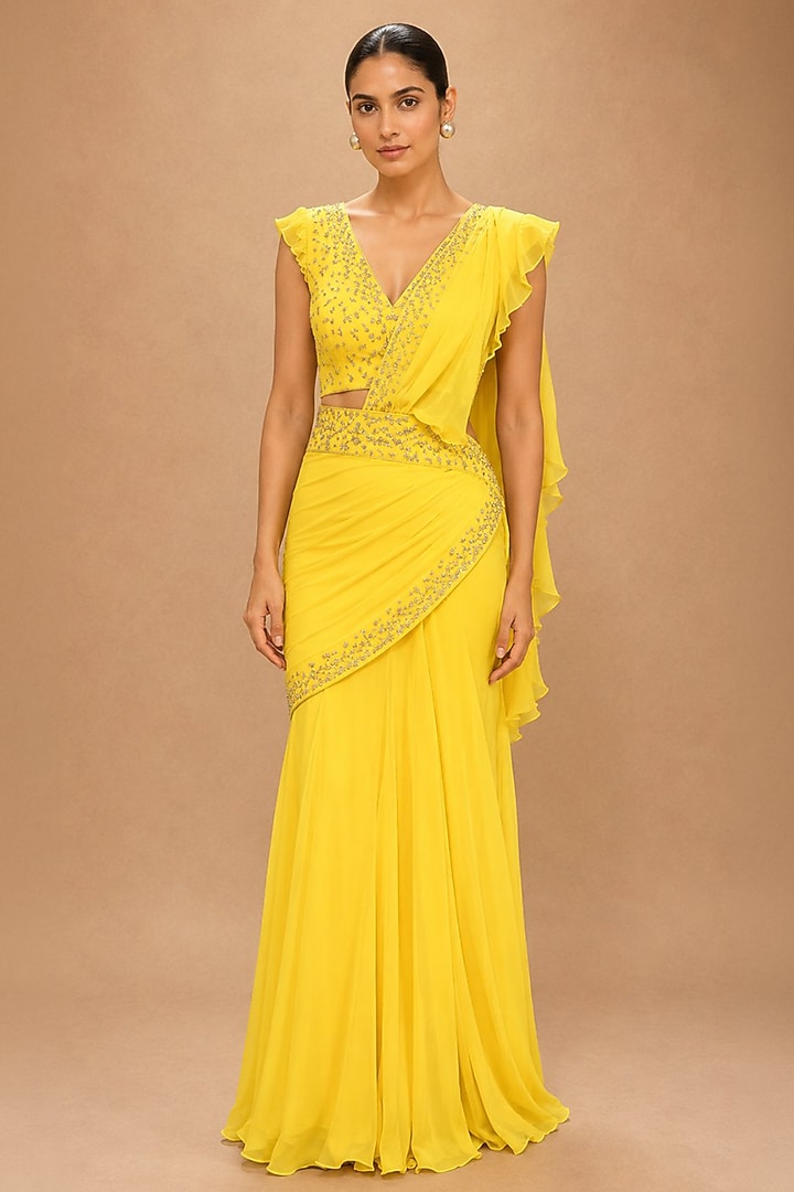 Yellow Viscose Georgette & Satin Embroidered Pre-Draped Reception Saree Set by THE MOLA at Pernia's Pop Up Shop