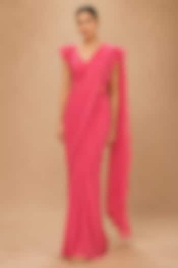 Crimson Red Viscose Modal Satin & Dola Silk Embroidered Pre-Draped Reception Saree Set by THE MOLA at Pernia's Pop Up Shop