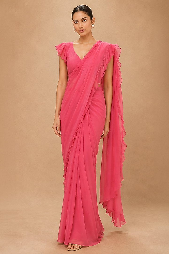 Crimson Red Viscose Modal Satin & Dola Silk Embroidered Pre-Draped Reception Saree Set by THE MOLA at Pernia's Pop Up Shop
