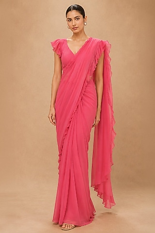 Crimson Red Viscose Modal Satin & Dola Silk Embroidered Pre-Draped Saree Set by THE MOLA