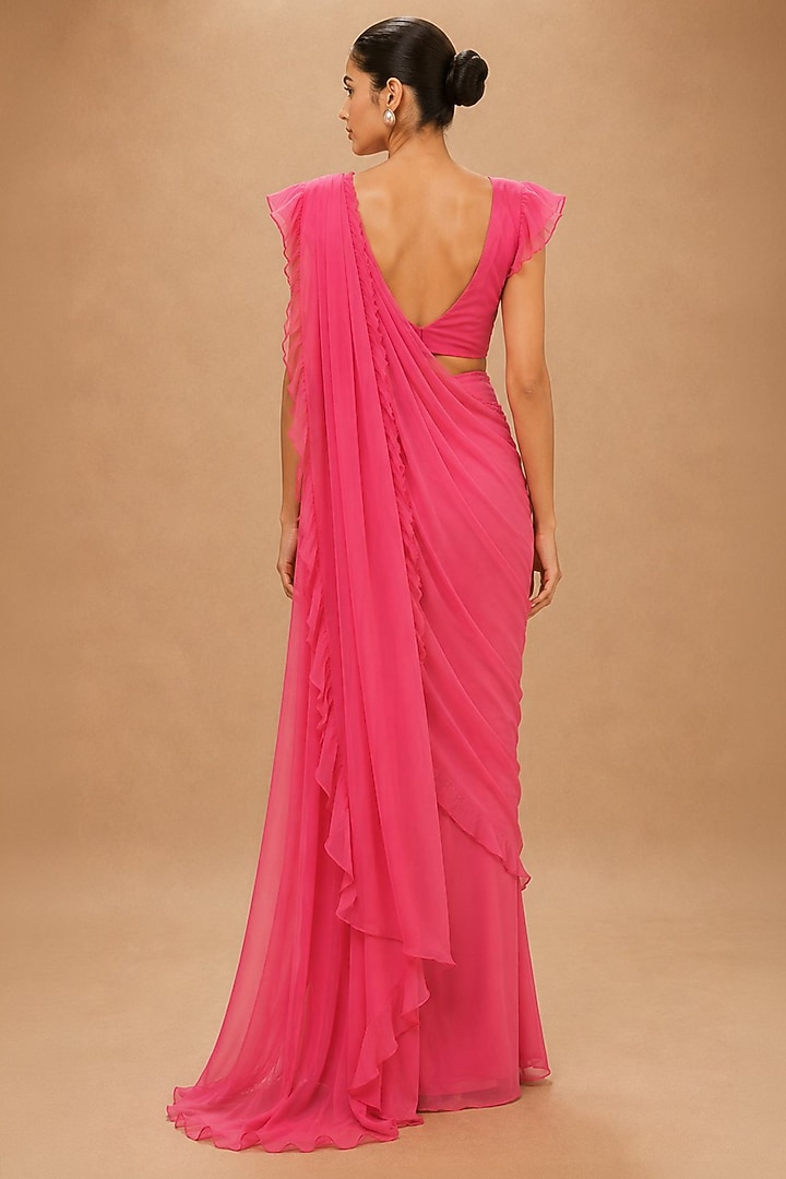 Crimson Red Viscose Modal Satin & Dola Silk Embroidered Pre-Draped Reception Saree Set by THE MOLA at Pernia's Pop Up Shop