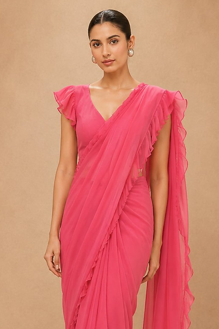 Crimson Red Viscose Modal Satin & Dola Silk Embroidered Pre-Draped Reception Saree Set by THE MOLA at Pernia's Pop Up Shop