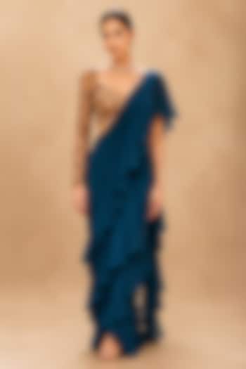 Teal & Gold Viscose Chiffon Beads Machine Embroidered Wedding Saree Set by THE MOLA at Pernia's Pop Up Shop