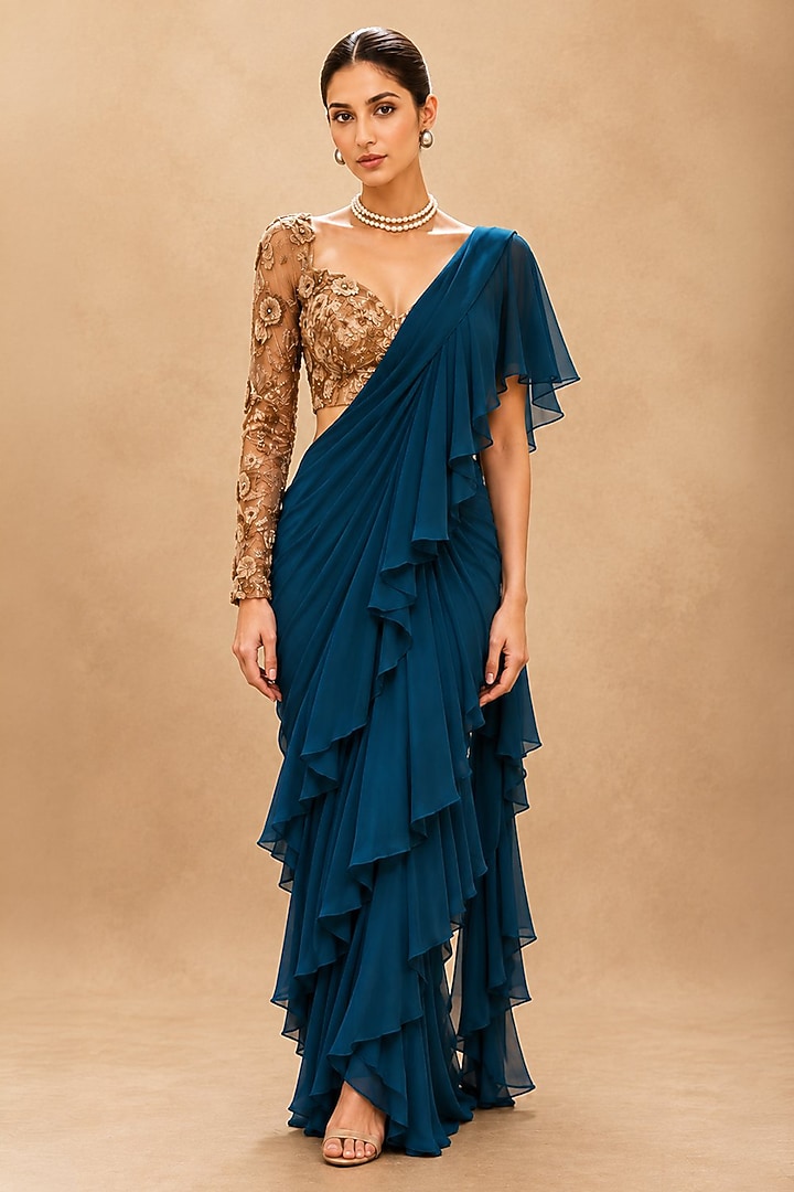 Teal & Gold Viscose Chiffon Beads Machine Embroidered Wedding Saree Set by THE MOLA at Pernia's Pop Up Shop
