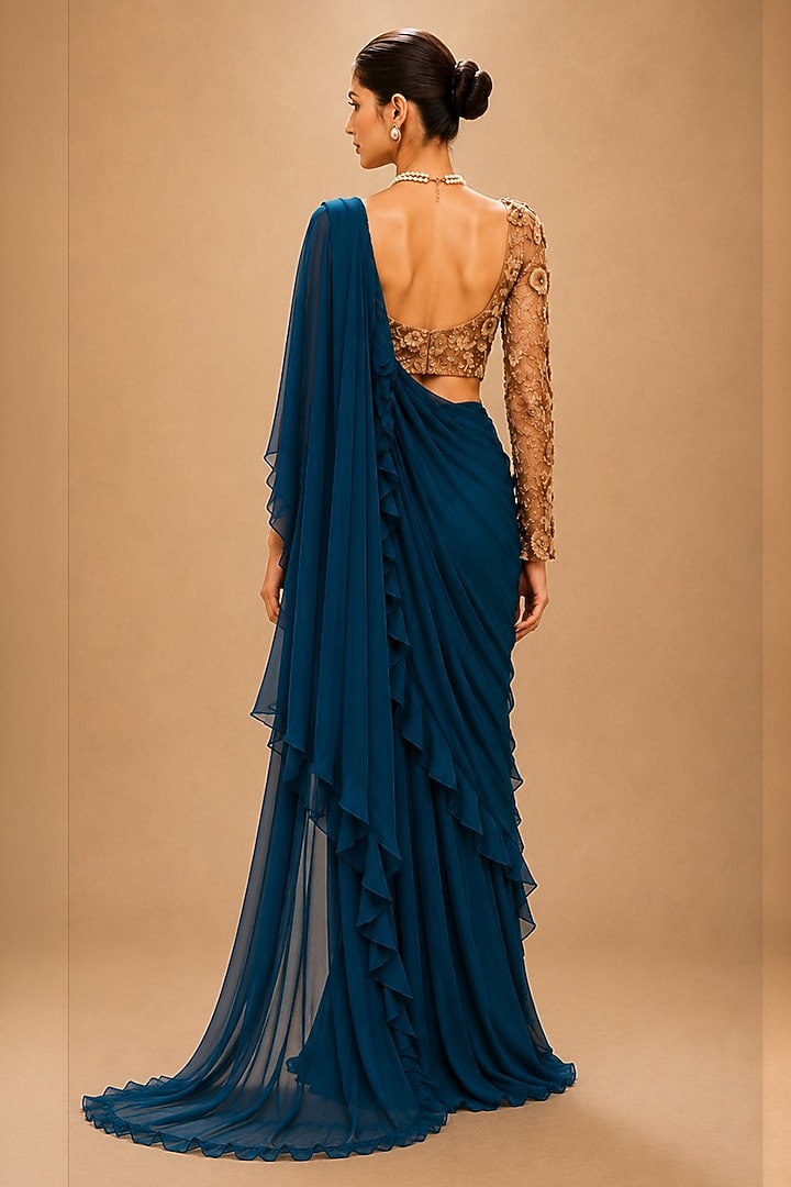 Teal & Gold Viscose Chiffon Beads Machine Embroidered Wedding Saree Set by THE MOLA at Pernia's Pop Up Shop