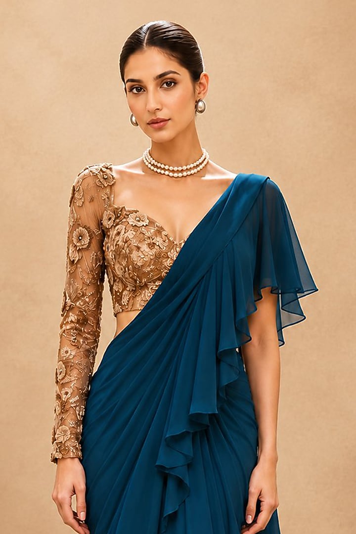Teal & Gold Viscose Chiffon Beads Machine Embroidered Wedding Saree Set by THE MOLA at Pernia's Pop Up Shop