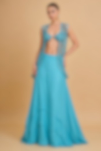 Blue Muslin & Viscose Chiffon Crystal Cutwork Wedding Lehenga Set by THE MOLA at Pernia's Pop Up Shop