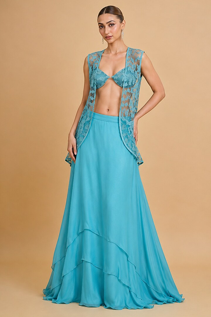 Blue Muslin & Viscose Chiffon Crystal Cutwork Wedding Lehenga Set by THE MOLA at Pernia's Pop Up Shop