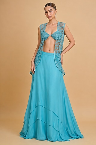 Blue Muslin & Viscose Chiffon Crystal Cutwork Lehenga Set by THE MOLA