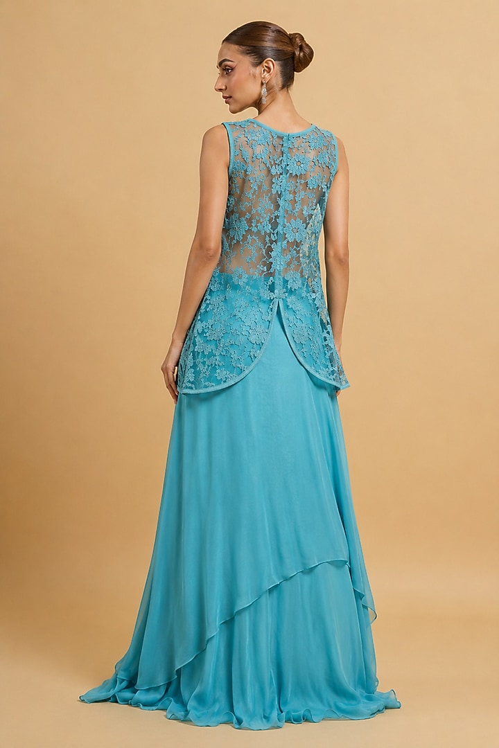 Blue Muslin & Viscose Chiffon Crystal Cutwork Wedding Lehenga Set by THE MOLA at Pernia's Pop Up Shop