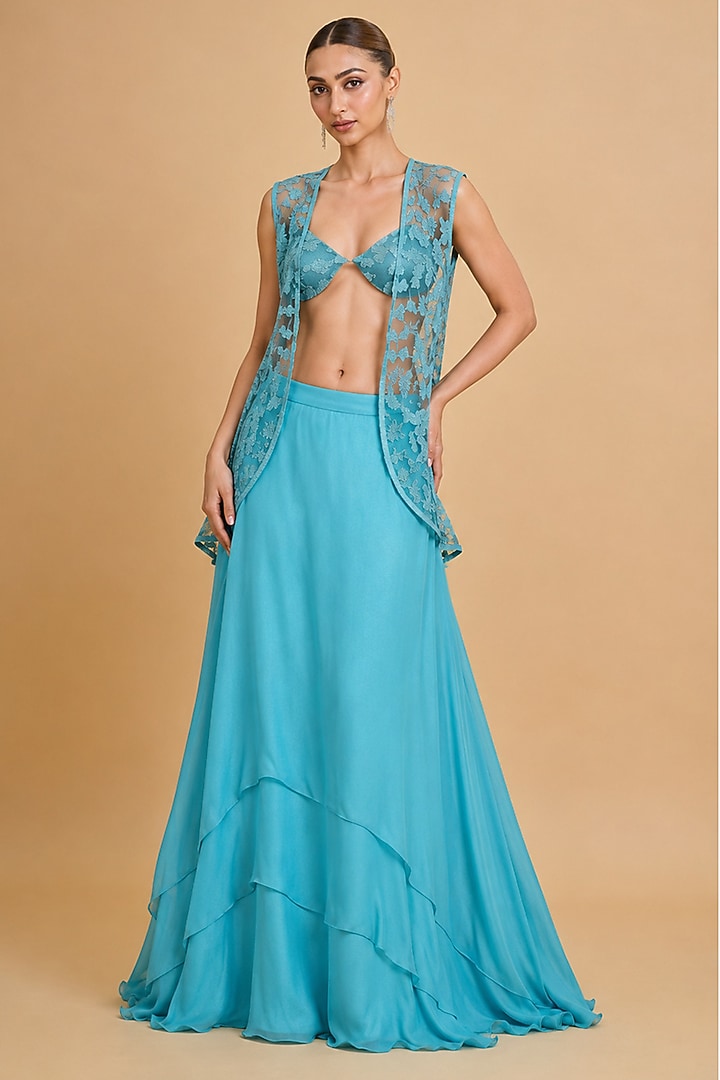 Blue Muslin & Viscose Chiffon Crystal Cutwork Wedding Lehenga Set by THE MOLA at Pernia's Pop Up Shop