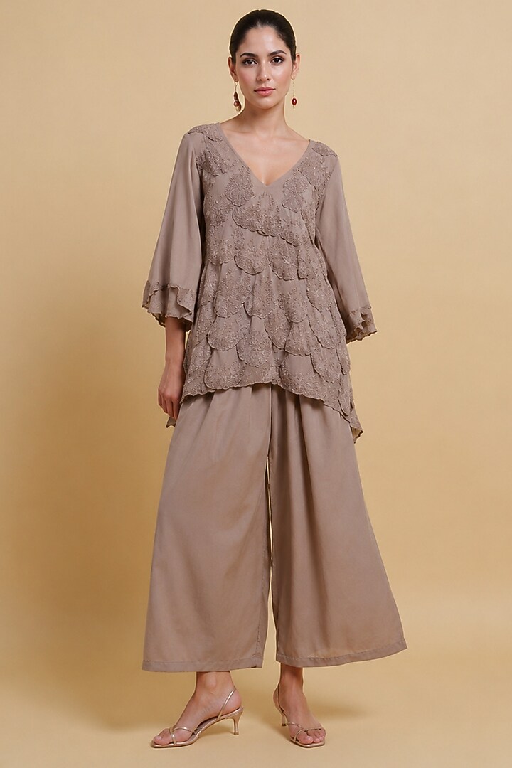 Brown Cotton Flex Tonal Resham Embroidered Co-ord Set by THE MOLA at Pernia's Pop Up Shop