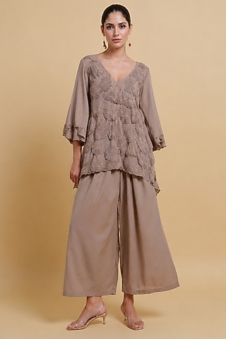 Brown Cotton Flex Tonal Resham Embroidered Co-ord Set by THE MOLA