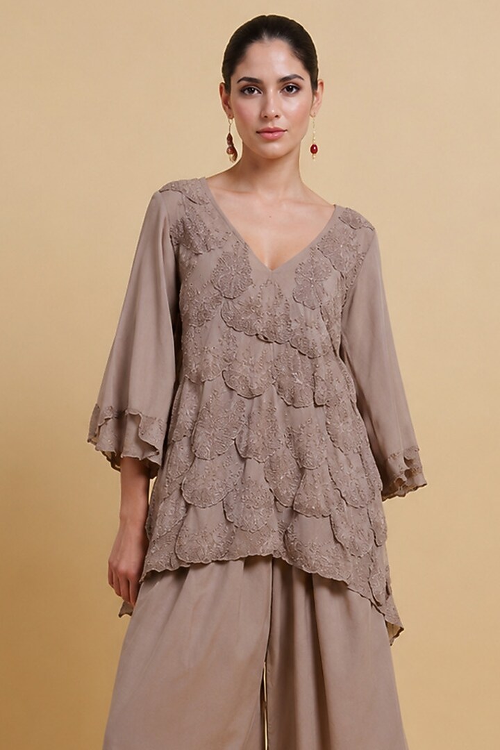Brown Cotton Flex Tonal Resham Embroidered Co-ord Set by THE MOLA at Pernia's Pop Up Shop
