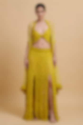 Lime Yellow Nylon Net Beads Hand Embroidered Wedding Lehenga Set by THE MOLA at Pernia's Pop Up Shop