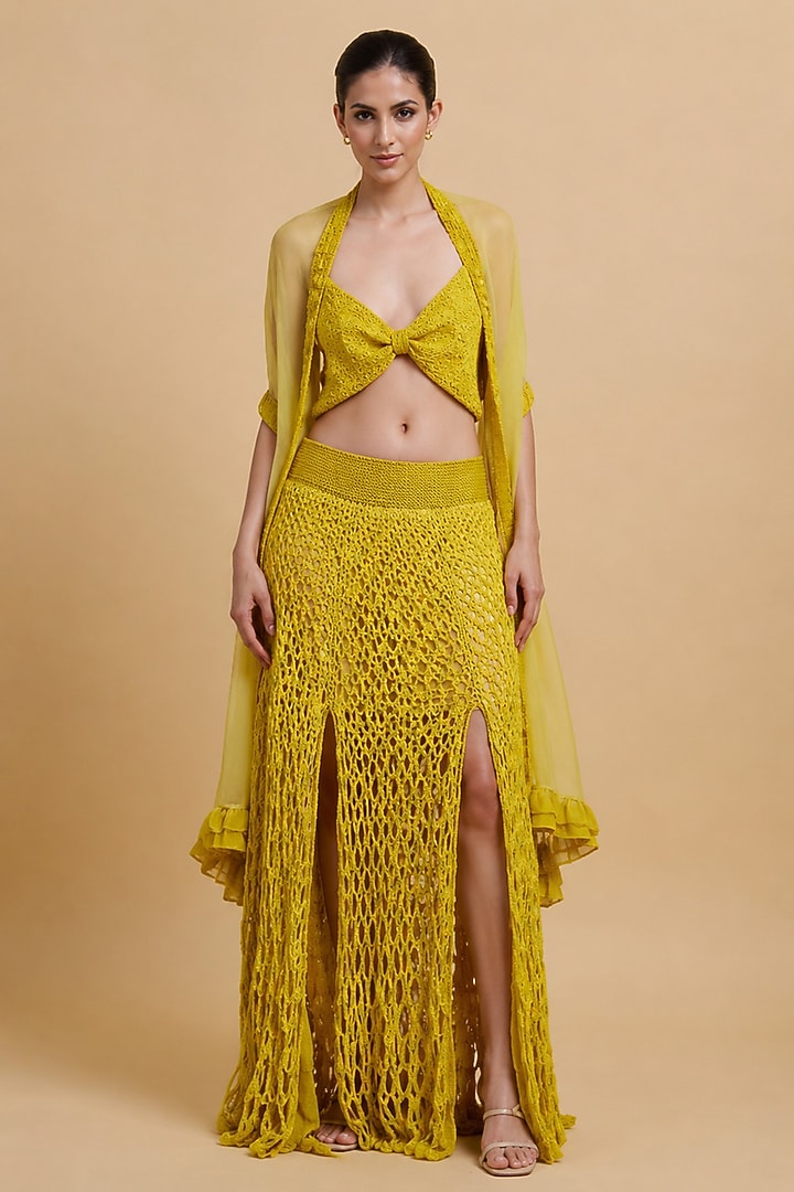 Lime Yellow Nylon Net Beads Hand Embroidered Wedding Lehenga Set by THE MOLA at Pernia's Pop Up Shop