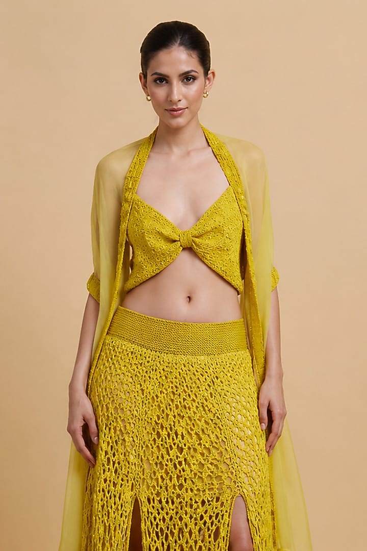 Lime Yellow Nylon Net Beads Hand Embroidered Wedding Lehenga Set by THE MOLA at Pernia's Pop Up Shop
