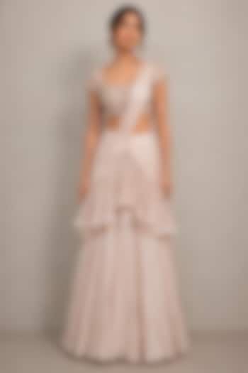 Blush Pink Viscose Raw Silk & Chiffon Pearl Embellished Pre-Draped Reception Saree Set by THE MOLA at Pernia's Pop Up Shop