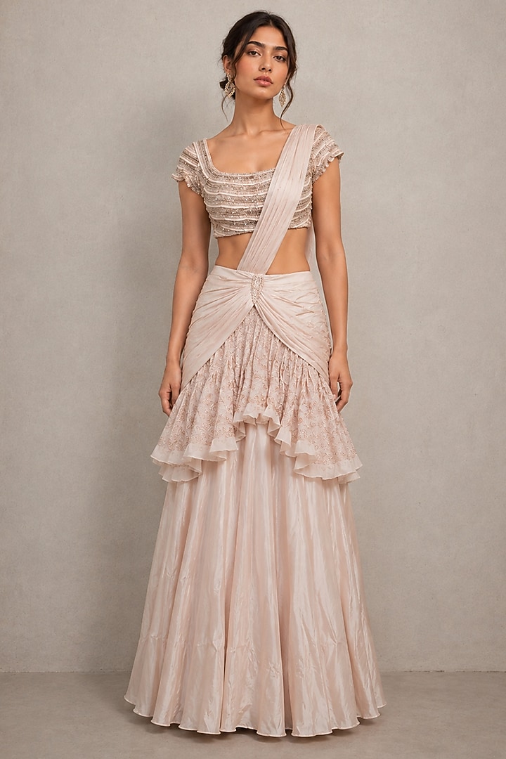 Blush Pink Viscose Raw Silk & Chiffon Pearl Embellished Pre-Draped Reception Saree Set by THE MOLA at Pernia's Pop Up Shop