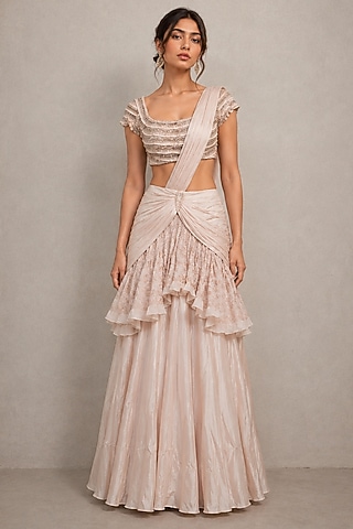 Blush Pink Viscose Raw Silk & Chiffon Pearl Embellished Pre-Draped Saree Set by THE MOLA