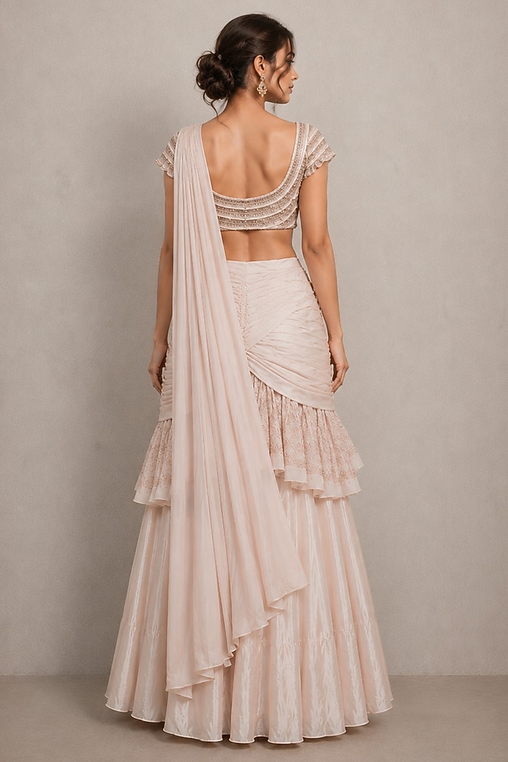 Blush Pink Viscose Raw Silk & Chiffon Pearl Embellished Pre-Draped Reception Saree Set by THE MOLA at Pernia's Pop Up Shop