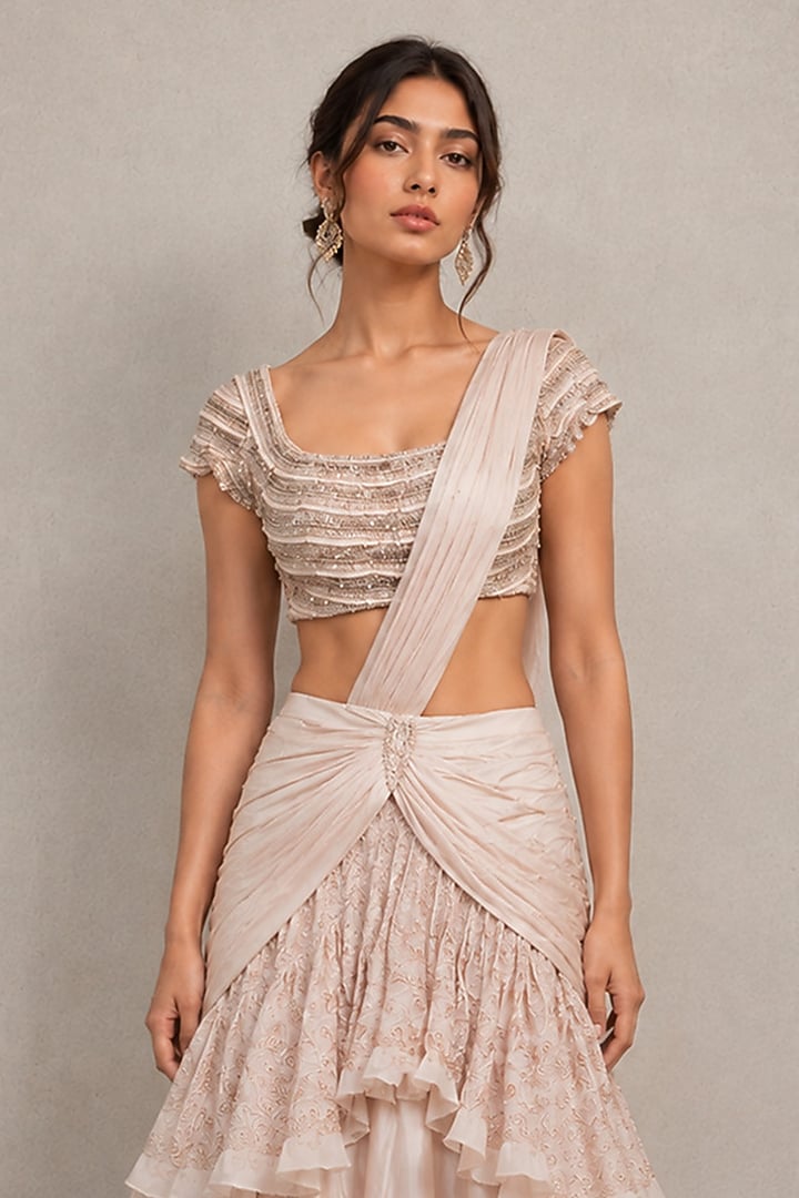 Blush Pink Viscose Raw Silk & Chiffon Pearl Embellished Pre-Draped Reception Saree Set by THE MOLA at Pernia's Pop Up Shop