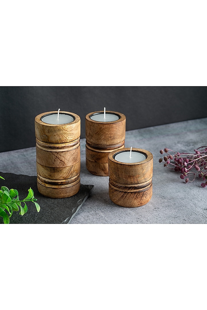 Brown Mango Wood Candle Holders (Set Of 3) by Think Artly