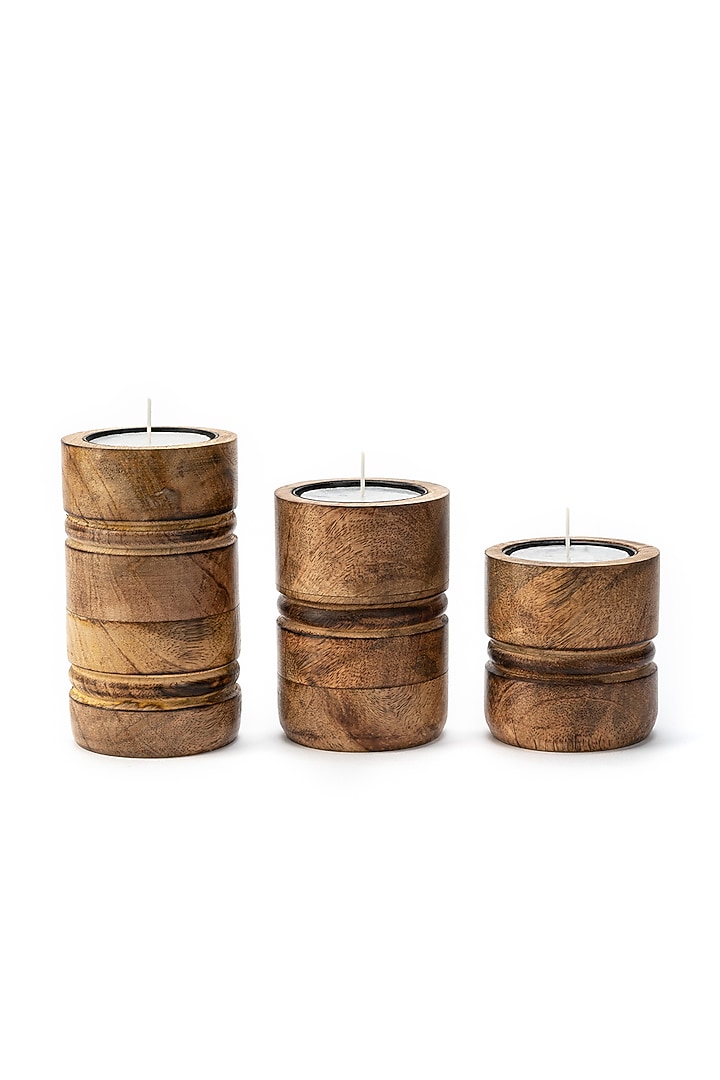 Brown Mango Wood Candle Holders (Set Of 3) by Think Artly at Pernia's Pop Up Shop