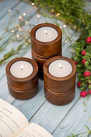 Walnut Brown Mango Wood Candle Holders (Set Of 3) by Think Artly
