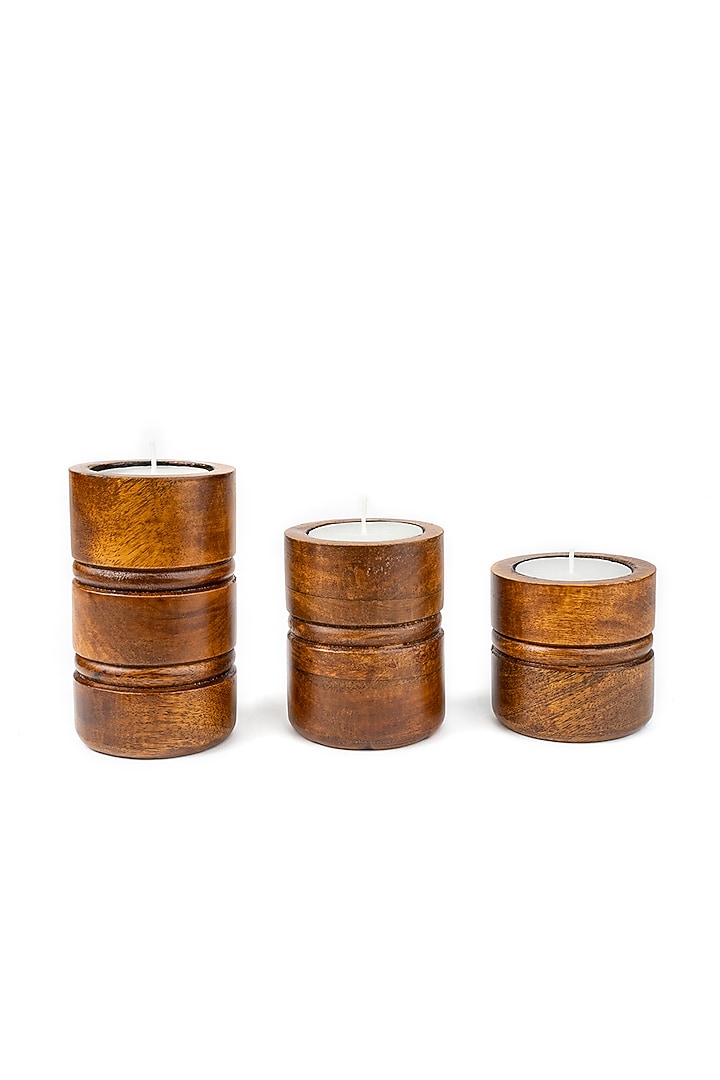 Walnut Brown Mango Wood Candle Holders (Set Of 3) by Think Artly at Pernia's Pop Up Shop