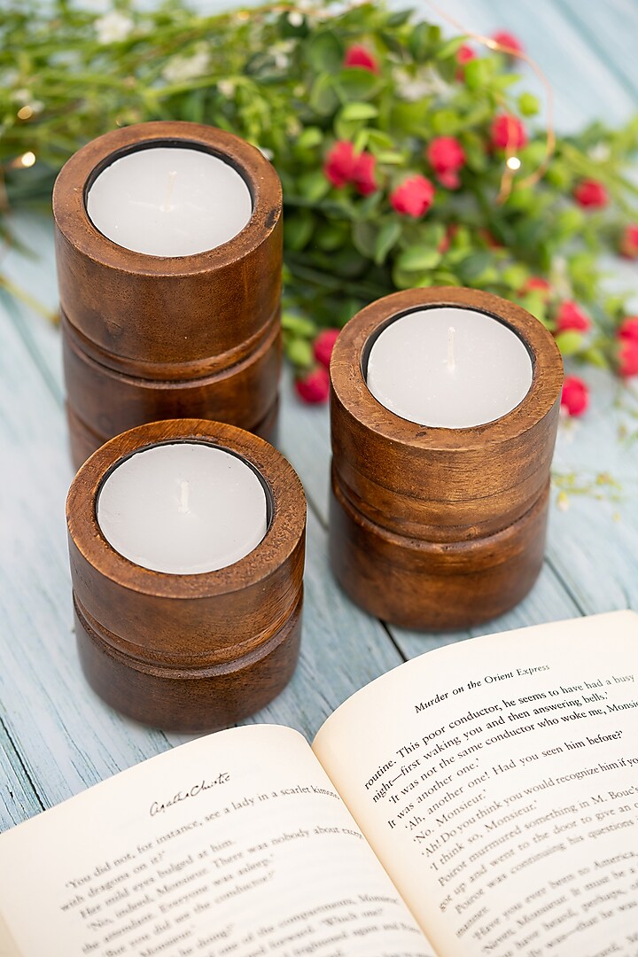 Walnut Brown Mango Wood Candle Holders (Set Of 3) by Think Artly at Pernia's Pop Up Shop