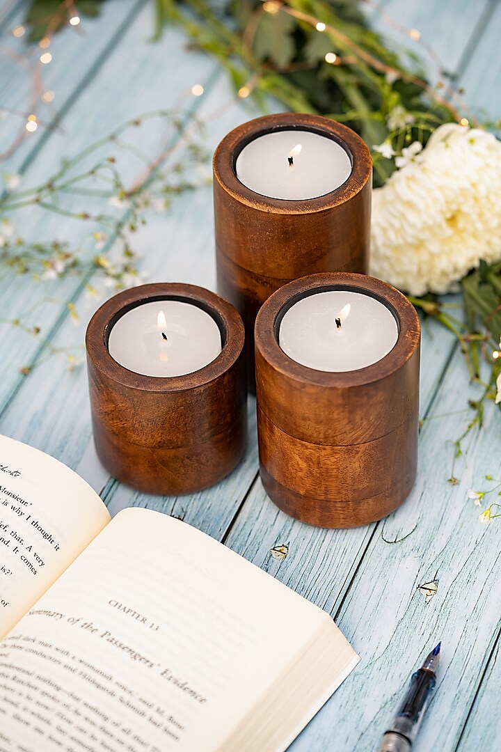 Walnut Brown Mango Wood Candle Holders (Set Of 3) by Think Artly