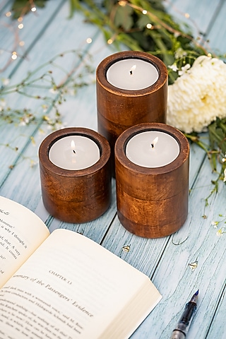Walnut Brown Mango Wood Candle Holders (Set Of 3) by Think Artly