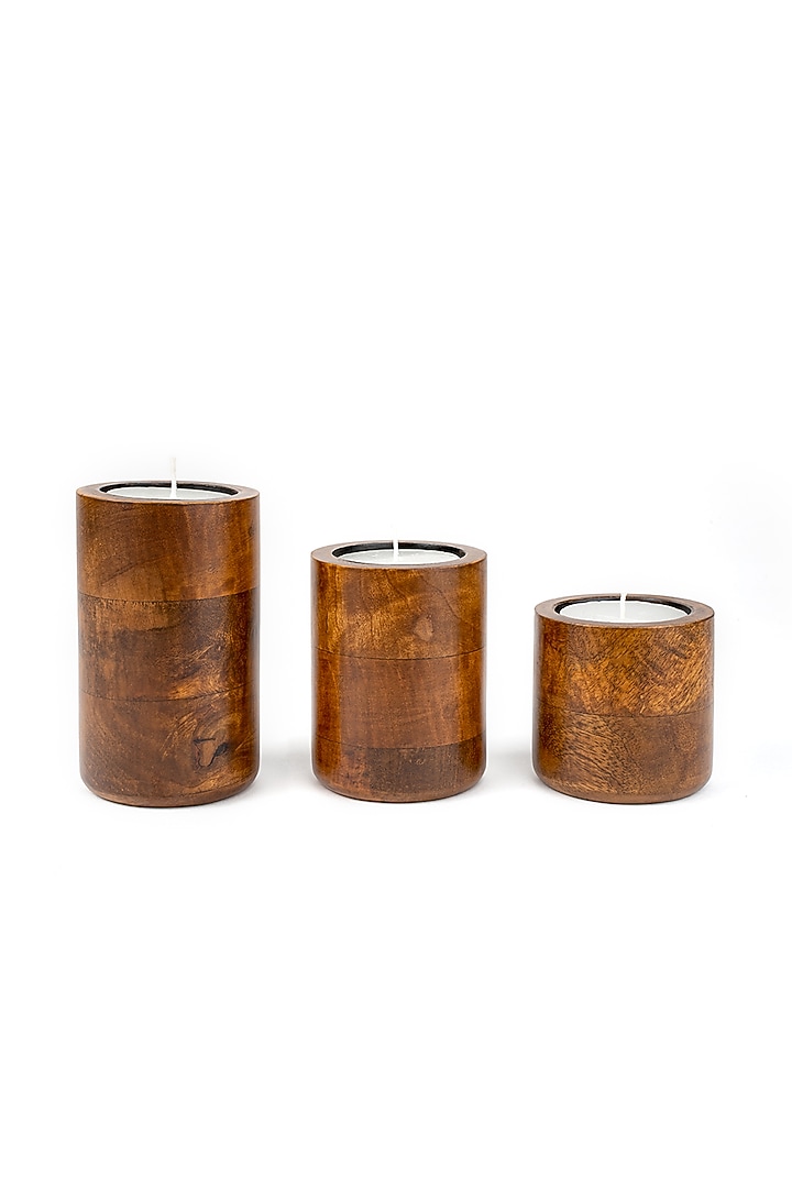 Walnut Brown Mango Wood Candle Holders (Set Of 3) by Think Artly at Pernia's Pop Up Shop