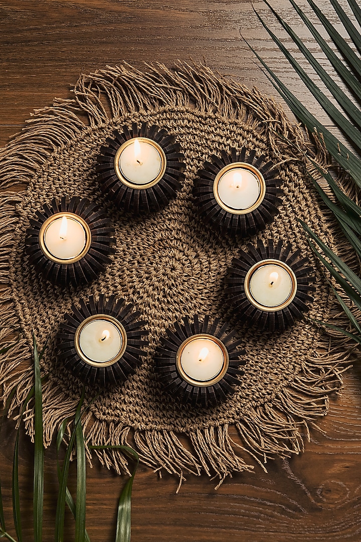 Brown Pinewood Tea Light Holders (Set Of 6) by Think Artly