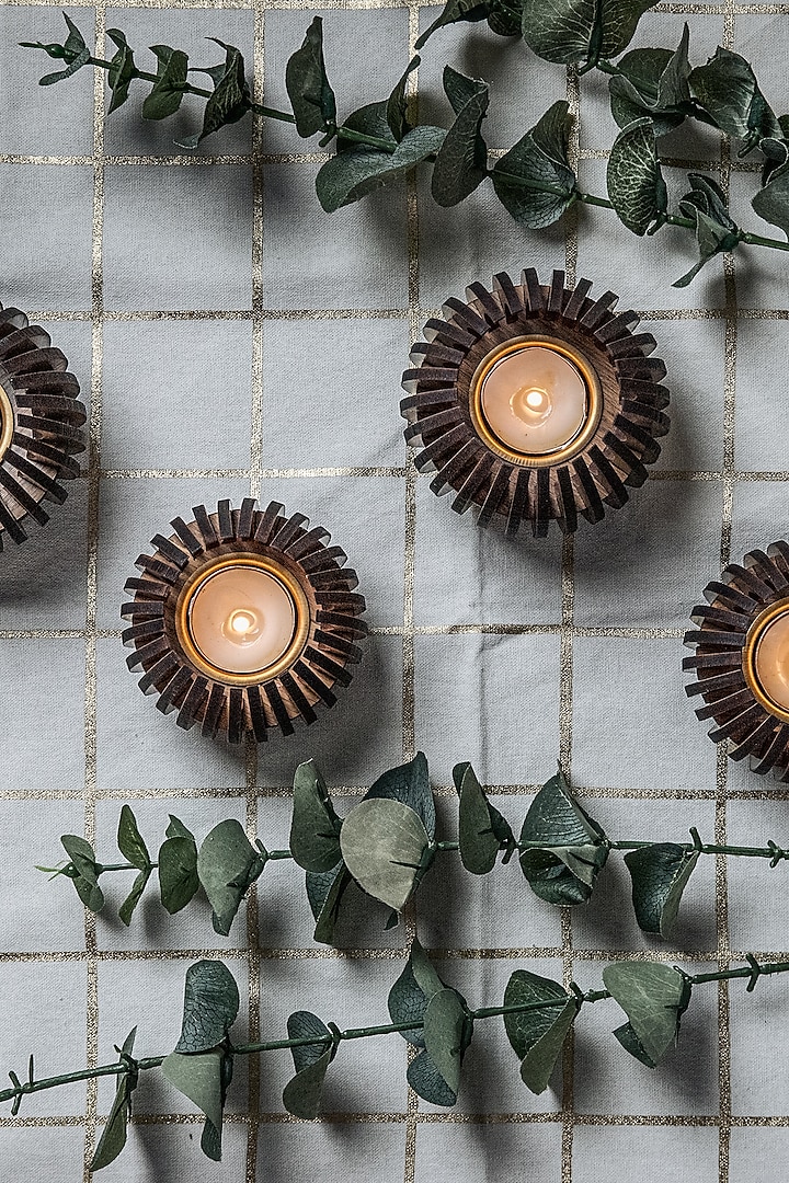 Brown Pinewood Tea Light Holder (Set Of 6) by Think Artly