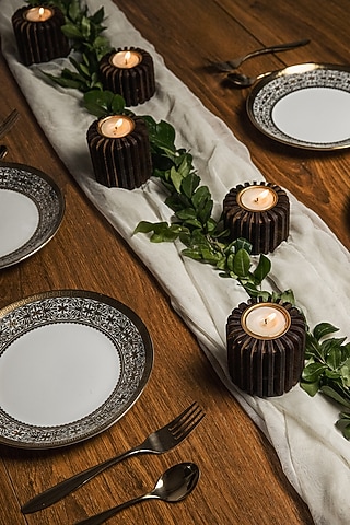 Brown Pinewood Tea Light Holder (Set Of 6) by Think Artly