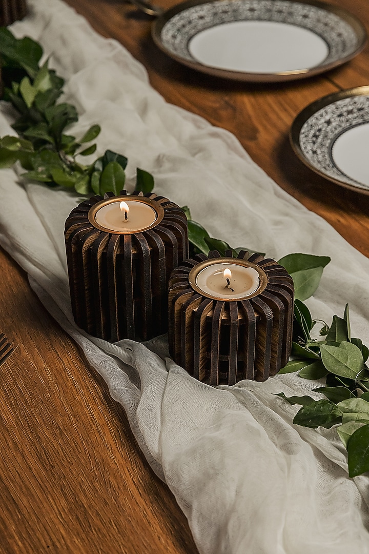 Brown Pinewood Tea Light Holder (Set Of 6) by Think Artly at Pernia's Pop Up Shop