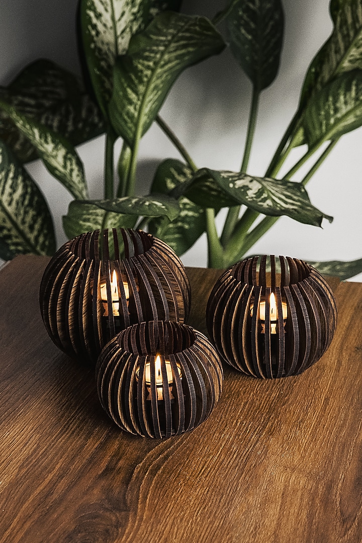 Brown Pinewood Tea Light Holder (Set Of 3) by Think Artly at Pernia's Pop Up Shop
