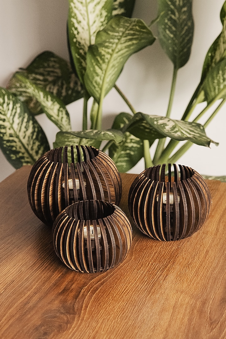 Brown Pinewood Tea Light Holder (Set Of 3) by Think Artly at Pernia's Pop Up Shop