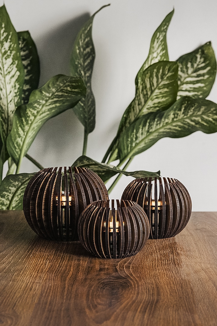 Brown Pinewood Tea Light Holder (Set Of 3) by Think Artly at Pernia's Pop Up Shop