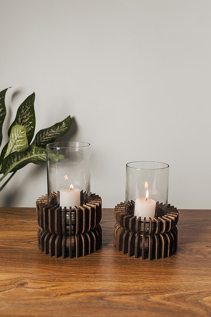 Brown Pinewood Tea Light Holder (Set Of 2) by Think Artly