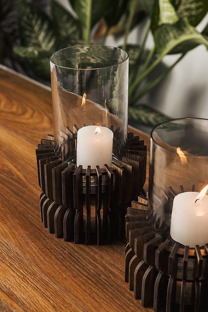 Brown Pinewood Tea Light Holder (Set Of 2) by Think Artly at Pernia's Pop Up Shop